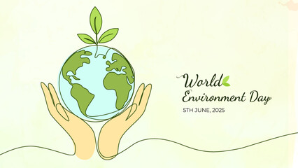 World Environment Day Poster with Earth and Leaves in Hands Illustration