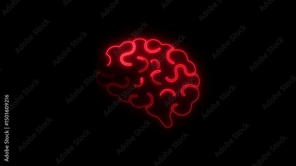 Poster animated red neon brain outline on black background representing intelligence and thinking