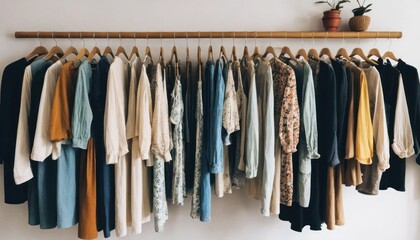Colorful garments hang on hangers in a retail shop, displaying a variety of fashion and textile colors for shopping