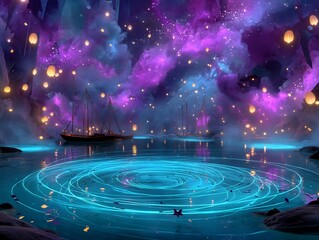 Obraz premium Enchanted Lagoon Lanterns Boats and Mystic Waters