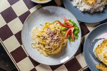 Western food, spaghetti, rice,salted egg fried chicken