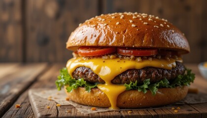 Grilled beef burger with cheese and fries is a classic fast food.