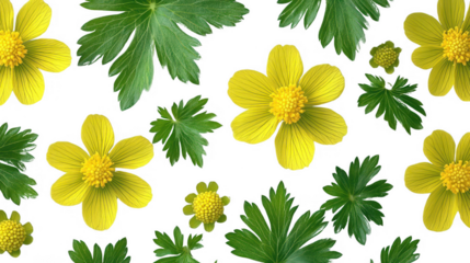 Yellow Flowers and Green Leaves Pattern on PNG transparent background