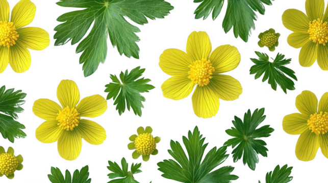 Yellow Flowers and Green Leaves Pattern on PNG transparent background - Powered by Adobe