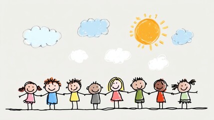 Fototapeta premium Multiethnic Children Holding Hands in Unity - Playful Sun & Cloud Motifs with Vibrant Attire for Childhood Friendship Concept Art