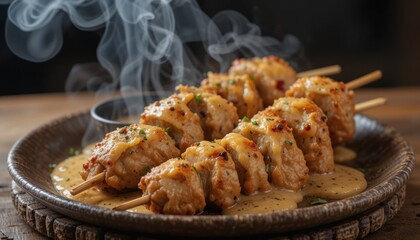 Delicious chicken satay with spicy mayonnaise sauce, perfect for a satisfying lunch or dinner.