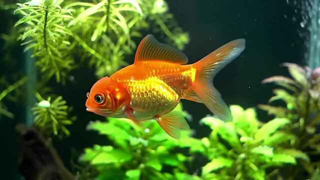 Ryukin Goldfish Resting Peacefully in Lush Planted Aquarium 4K