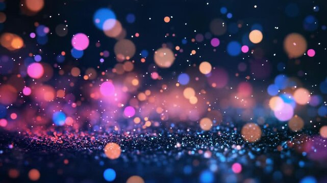 Abstract footage of colorful bokeh lights with pink, blue and orange hues. Sparkling particles create a magical, dreamy atmosphere perfect for backgrounds and visual effects.