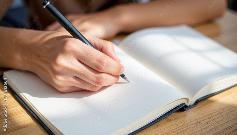 Poster writing in a notebook with sunlight filtering in.