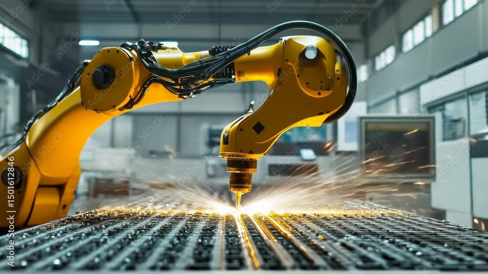 Poster industrial robot performing additive manufacturing process, precision engineering and smart automati