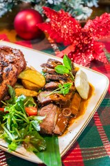 Roasted whole chicken with christmas decoration holiday december snow
