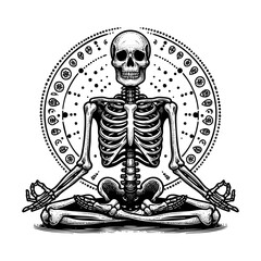 Skeleton yoga doing lotus pose engraving black and white outline. Scratch board imitation. illustrated in vintage line art style on a white background.