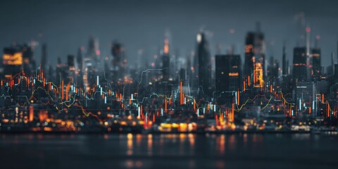 Business and Investment Analysis with Data Charts Over Cityscape Background