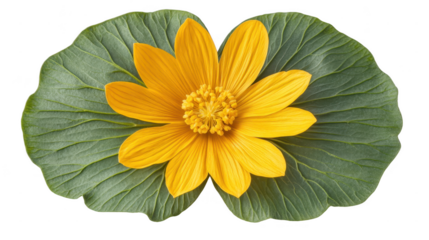 Yellow flower over a green leaf with a PNG transparent background
