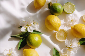 Flat lay of fresh lemons, limes, and citrus blossoms on white fabric in sunlight, AI-generated