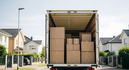 Moving Truck with Rear Door Partially Open Showing Cardboard Boxes Inside