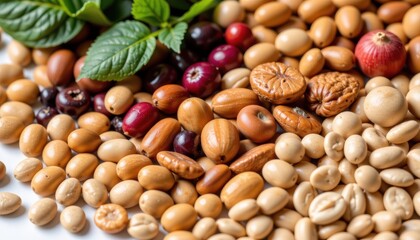 Variety of seeds and nuts on a textured surface.