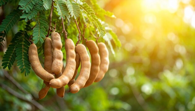 Clusters of brown tamarind pods hanging from a branch with green feathery leaves, bathed in sunlight.