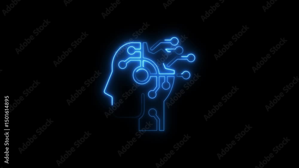 Aufkleber animated neon outline of a brain with artificial intelligence technology circuitry