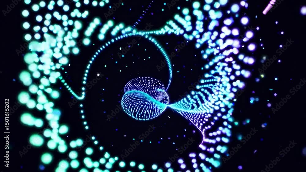 Poster bright particles are rotating and forming a double helix shape with a trail of particles, changing c