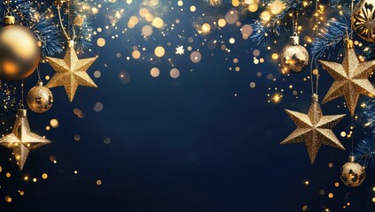 Golden Christmas ornaments, stars, and baubles on a dark blue background with glittering lights