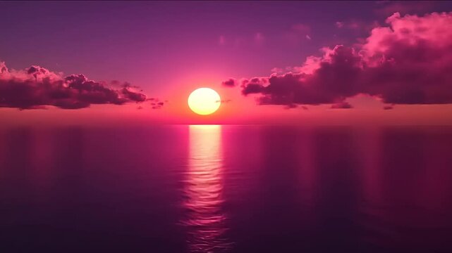 Serene sunset over calm ocean waters with vibrant pink and purple hues reflecting in the sky