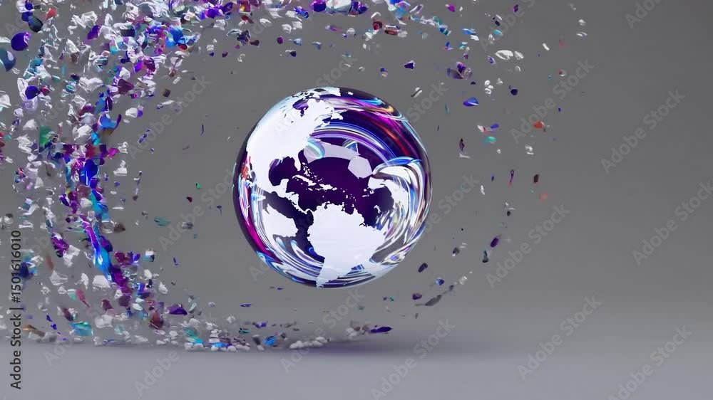 Poster photorealistic globe spinning slowly, surrounded by dynamic colorful particles, representing global 