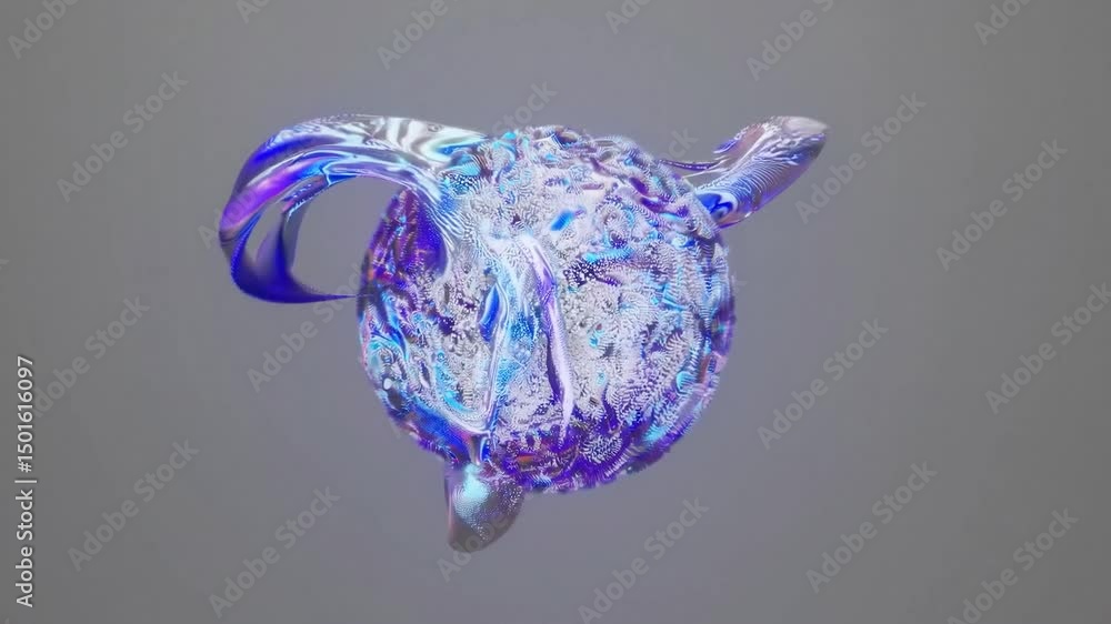 Poster abstract sphere smoothly rotating with iridescent liquid metal texture, revealing dynamic metallic s