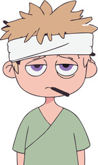 Vector cartoon stick figure drawing conceptual illustration of sad or depressed man siting alone