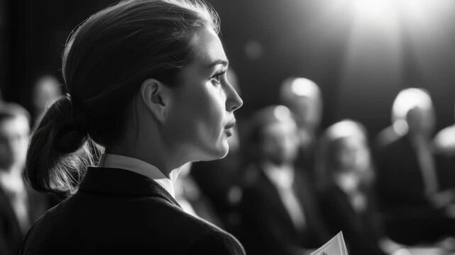 A woman wearing business attire and confidently addressing an audience at a professional event or conference, possibly serving as a moderator or speaker.