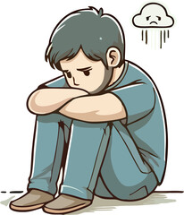 Vector cartoon stick figure drawing conceptual illustration of sad or depressed man siting alone