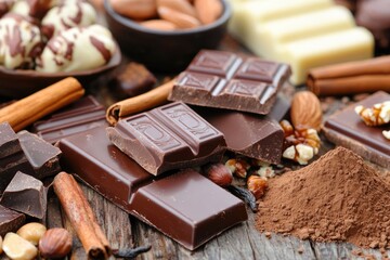 Assorted chocolates and nuts on a rustic wooden surface