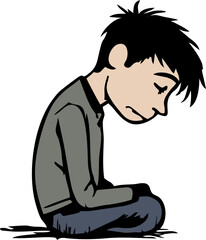 Vector cartoon stick figure drawing conceptual illustration of sad or depressed man siting alone