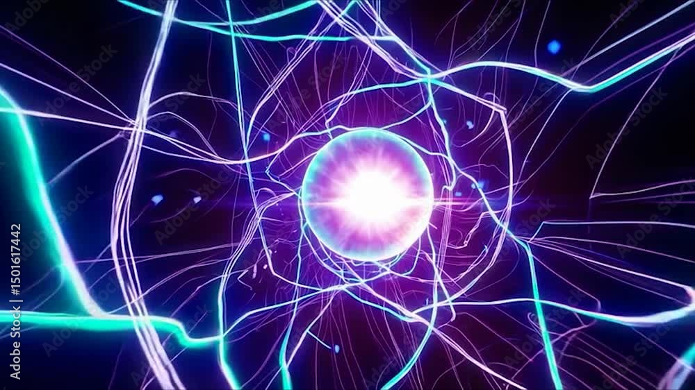 Poster glowing lines surround and connect to a pulsating energy sphere, emanating light and energy against 