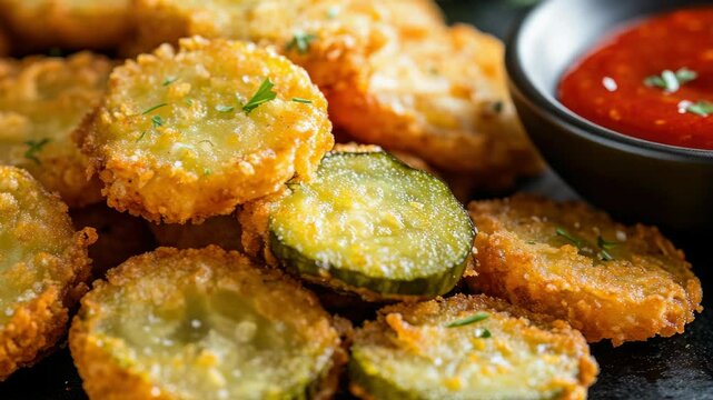 Crisp fried pickles served with a side of creamy ranch sauce, perfect for appetizers or snacking.
