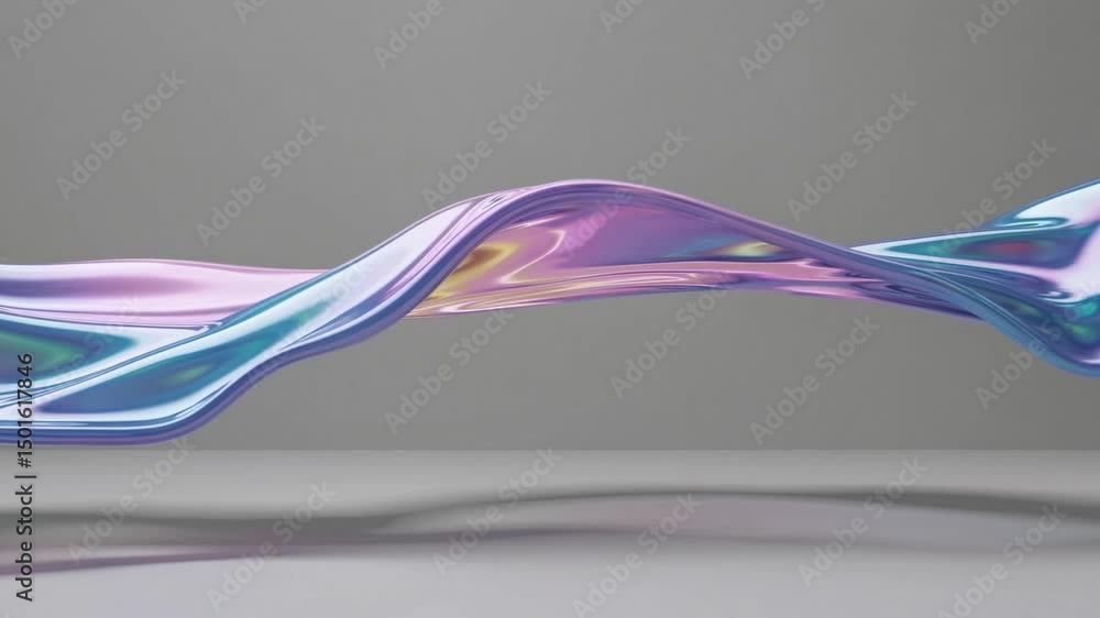 Poster holographic iridescent fabric flowing and waving gracefully across gray background, generating mesme