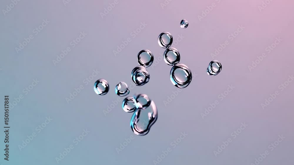 Poster metallic-looking bubbles floating and bouncing across pastel gradient, creating mesmerizing abstract