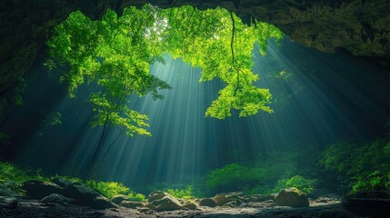 Sunlight Beams Through Forest Cave