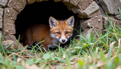 Obraz premium Fox peeking out from a hollow log in grassy surroundings.