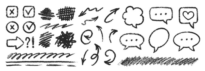 Cute Chalk Pencil Emphasis Squiggles Vector Set. Crayon Scribble Graffiti Arrows Frames Speech Bubbles Underlines. Hand Drawn Brush Texture Star Shapes Highlights. Pencil Childish Charcoal Doodles