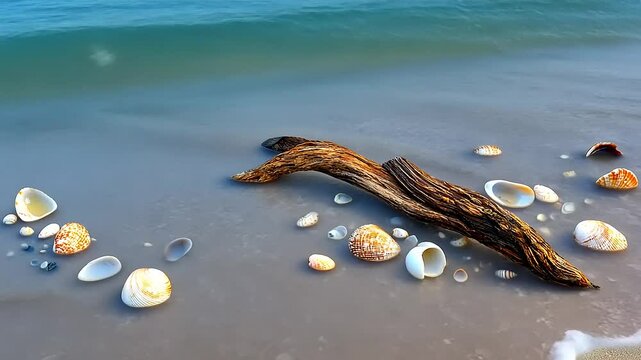 Tranquil beach scene with driftwood, seashells and gentle waves lapping the sandy shore