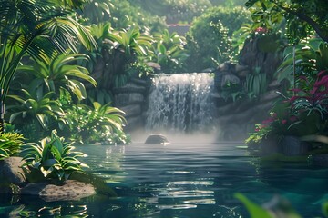 Tropical Waterfall Paradise: A lush tropical waterfall surrounded by vibrant greenery, creating a serene and paradisiacal atmosphere