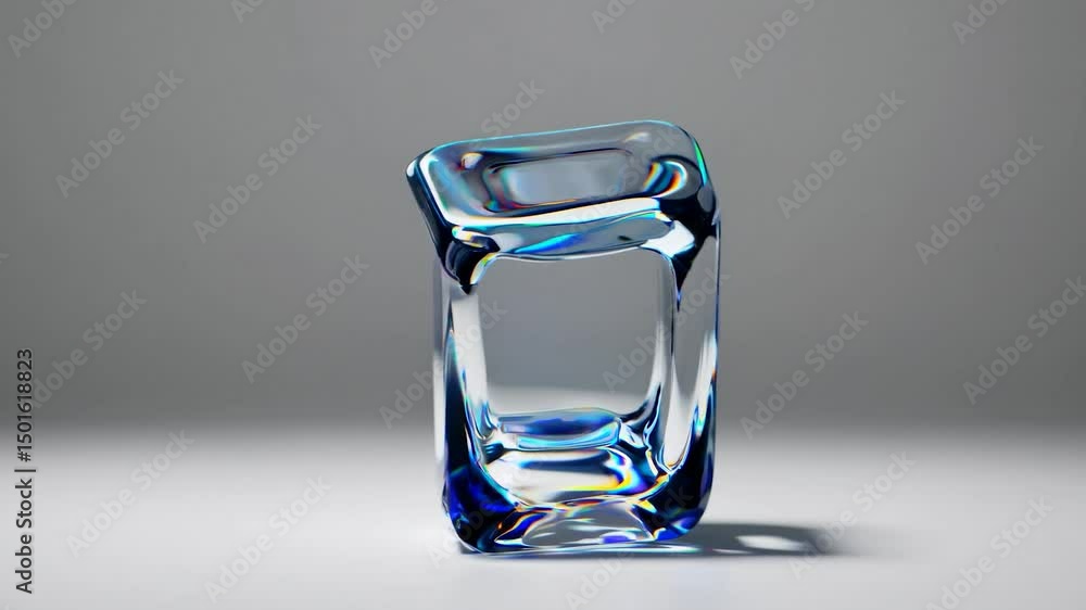 Poster empty glass cube slowly rotating, showcasing its transparency and iridescent reflections on a white 