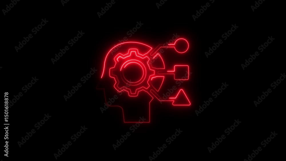 Poster animated neon brain with gear and data processing symbols against a black background