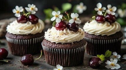 Cupcakes with Cherries and Flowers