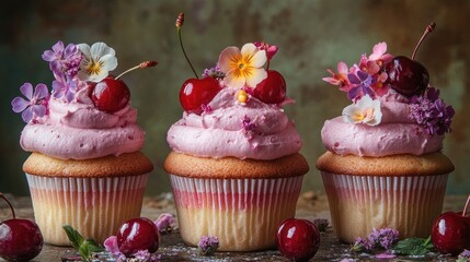 Cupcakes with Cherries and Flowers