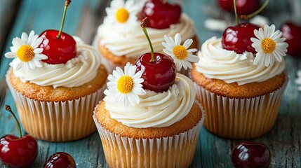 Cupcakes with Cherries and Flowers