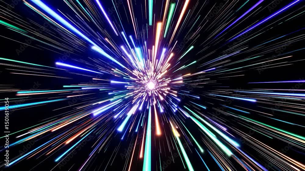 Poster luminous color streaks piercing dark void, generating hyperspace jump variations with dynamic light 