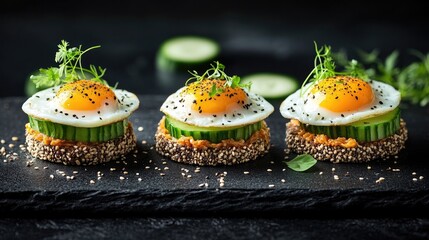 Fried Egg Cucumber Appetizers on Black Stone