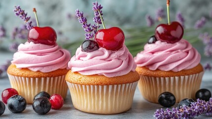 Cupcakes with Cherries and Blueberries